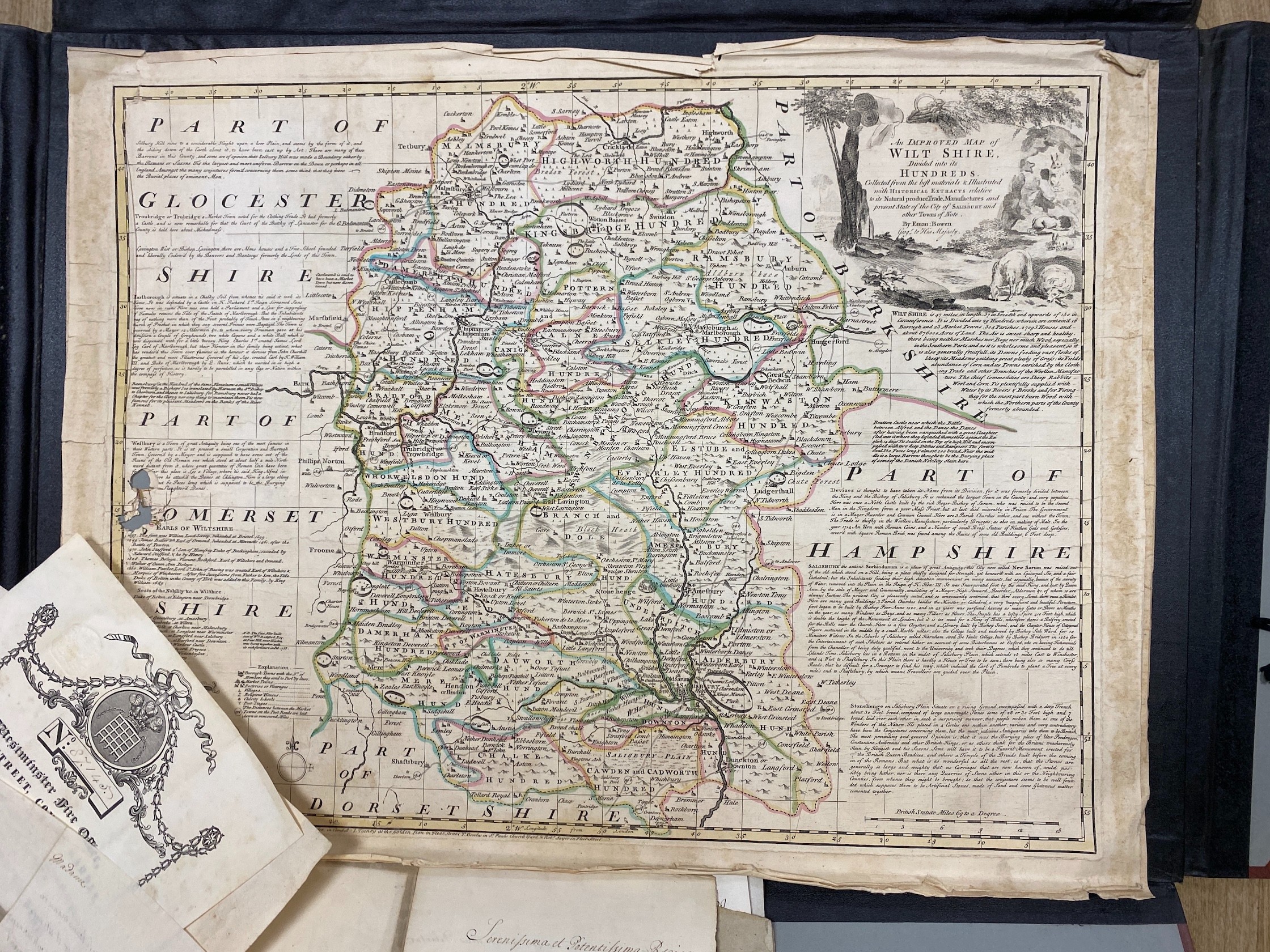 A folio of various engraved maps, coloured in outline, including the County of Somerset; the County of Wilts, both by Emanuel Bowen, Thomas Telford’s London to Morpeth Mail Road Index Map, 1827, on 18 sheets, sundry 18th